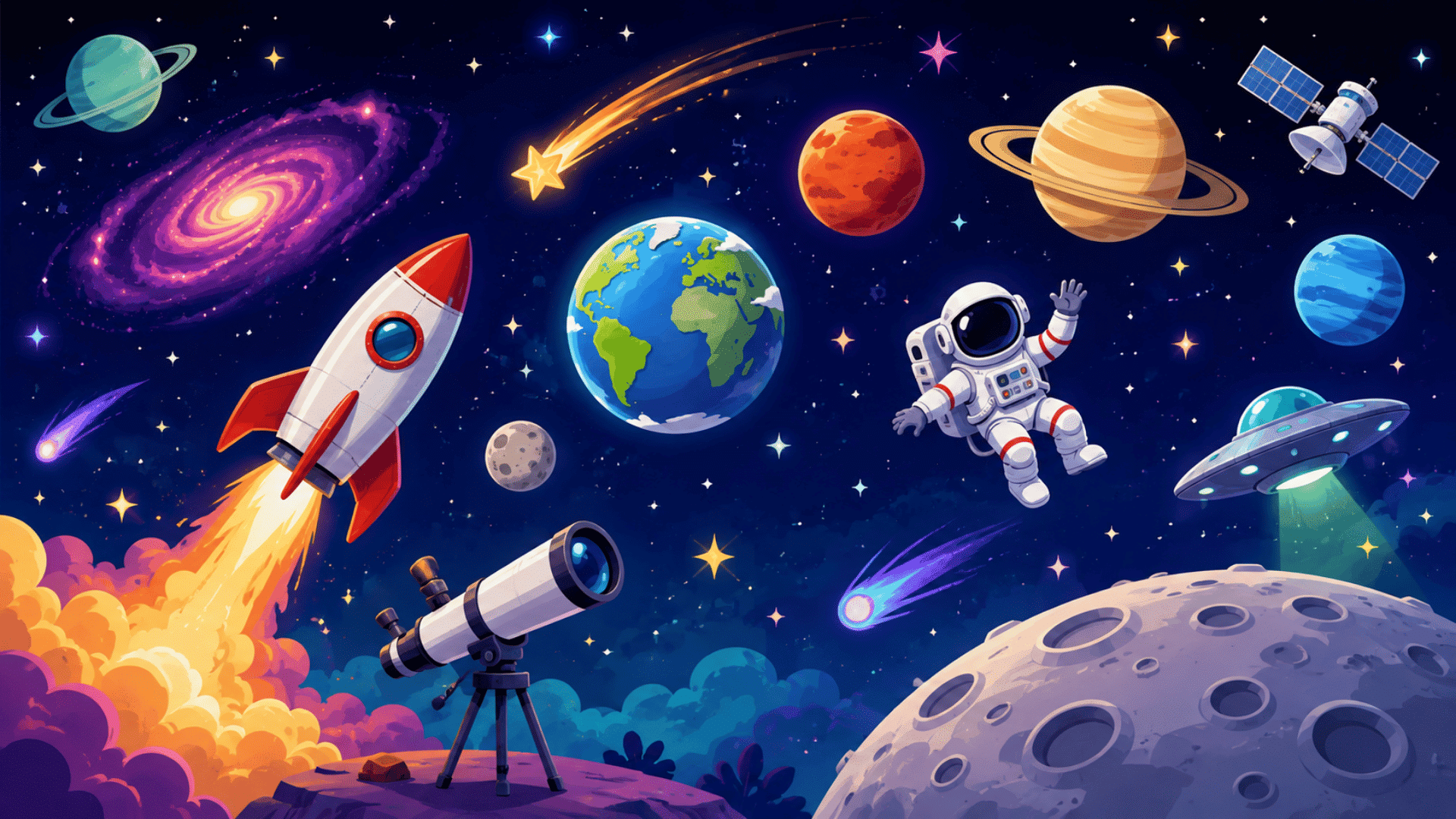 space scene with rocket, astronaut, planets, moon, telescope, satellite and shooting star