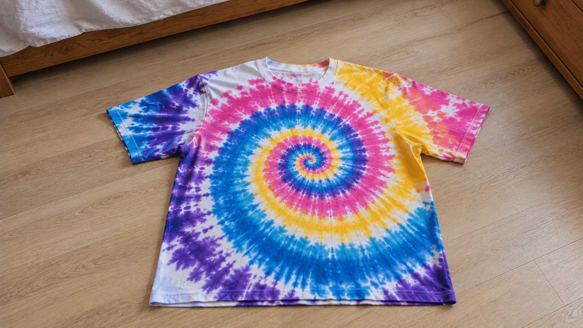 colorful spiral tie dye pattern on a white cotton t shirt