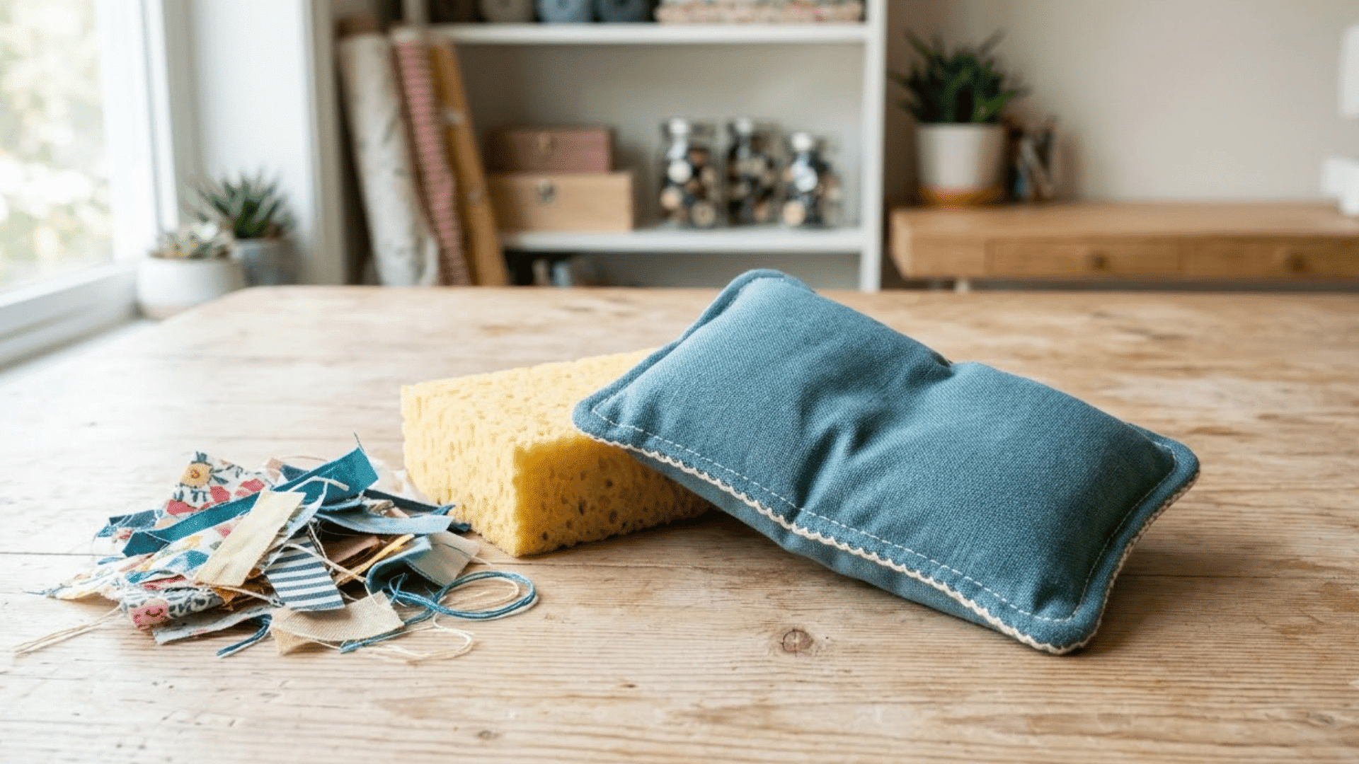 sponge squeeze fidget inside a stitched fabric cover resting on a light wood table beside fabric scraps nearby