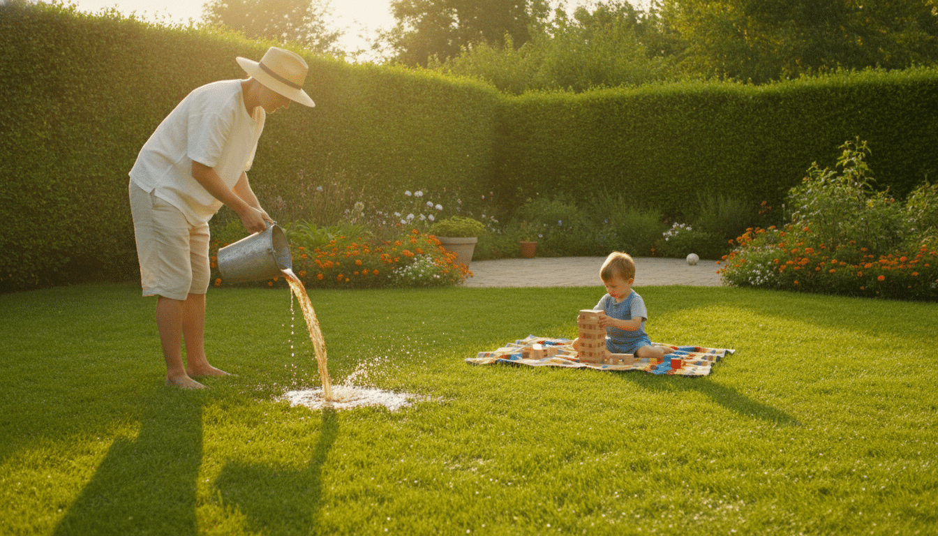 Man pouring water on lush green lawn while child plays with blocks on picnic blanket