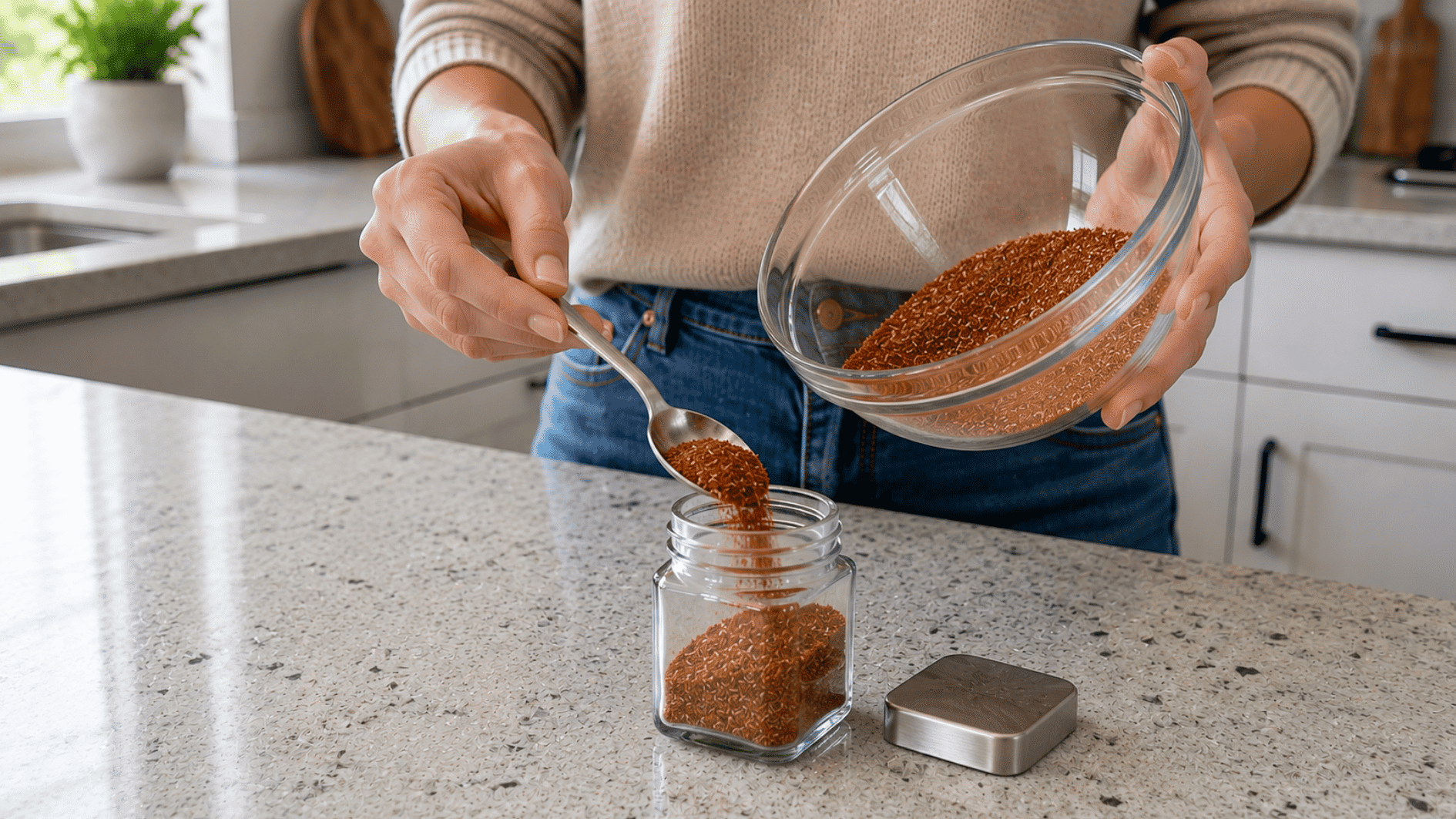 hands transferring homemade taco seasoning from a mixing bowl into a small airtight glass jar