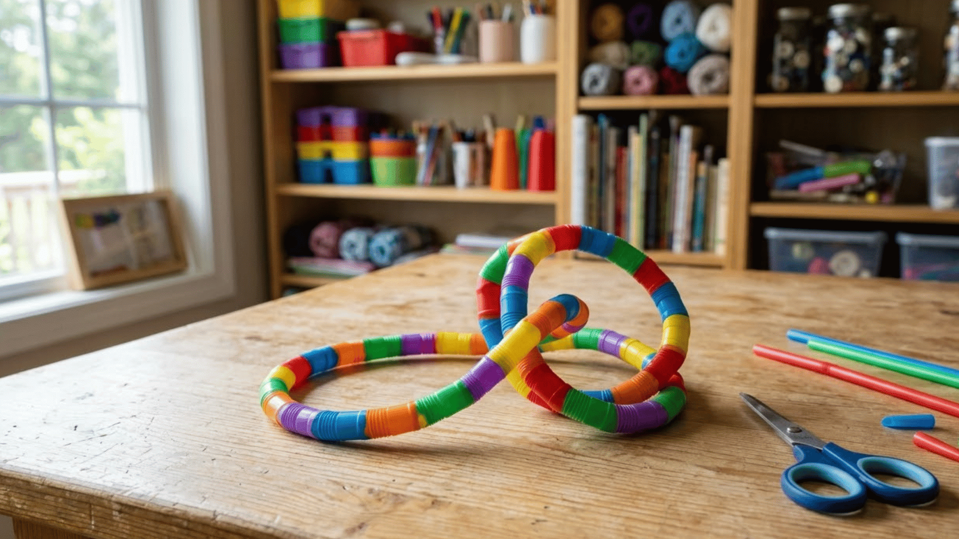 colorful bending straw fidget loop resting on a light wood craft table with spare straws and scissors close by