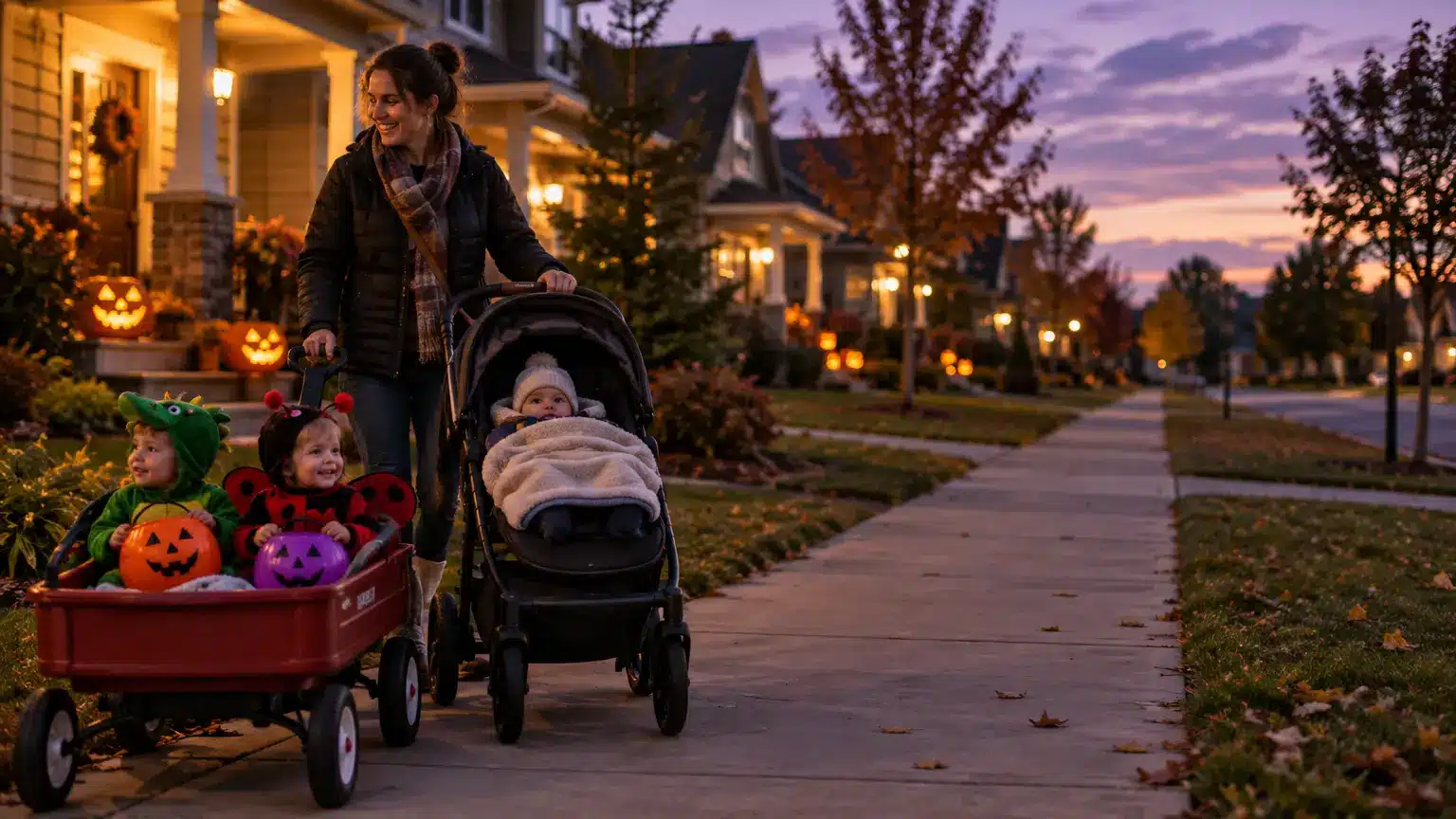 Woman walking with children in costumes and stroller on decorated suburban street at sunset