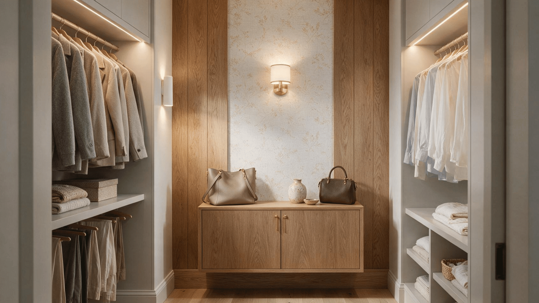 small walk-in closet with a styled back wall featuring decorative finishes and storage
