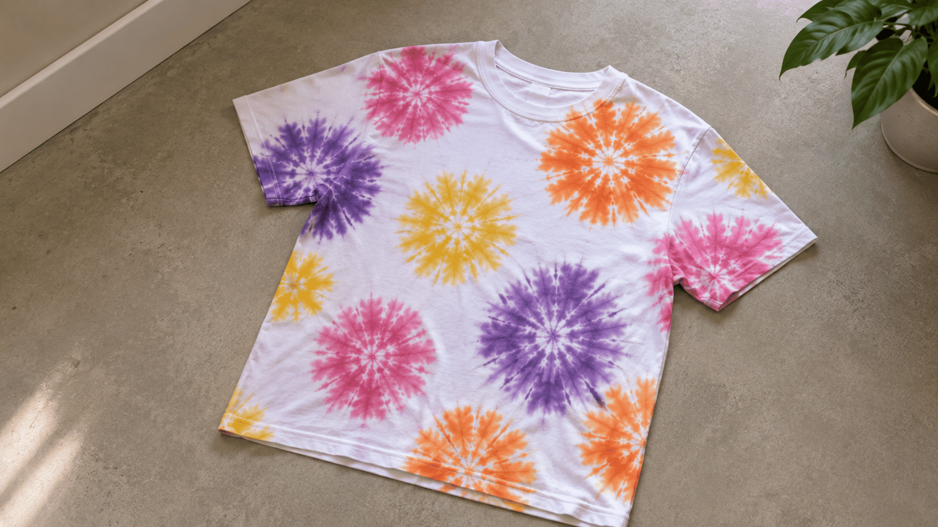 bright sunburst tie dye pattern with colorful bursts on a white t shirt