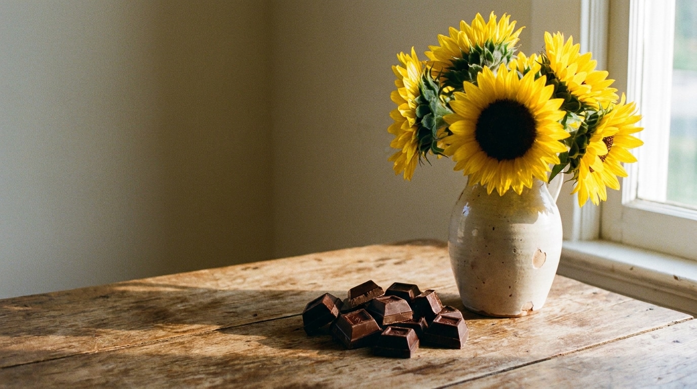 Sunflowers in a ceramic vase with chocolate pieces on rustic wooden table near window
