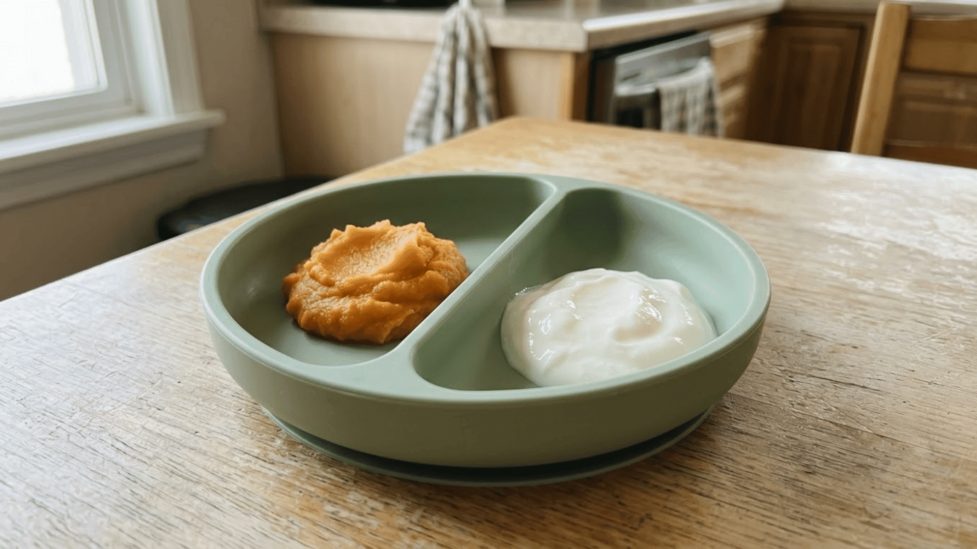 mashed sweet potato served with plain whole-milk yogurt for toddlers