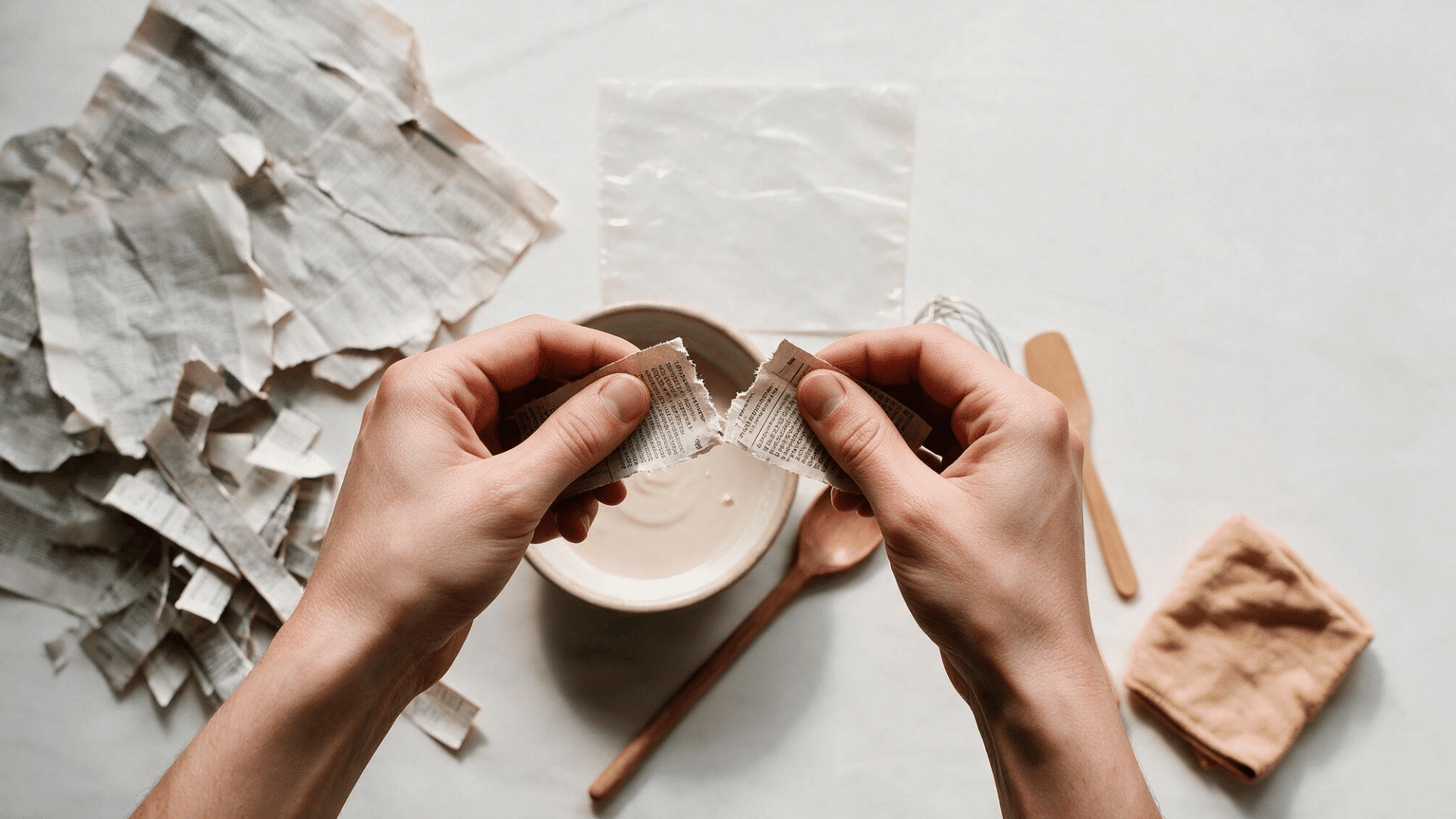 hands tearing a strip of newspaper into an uneven strip for paper mache