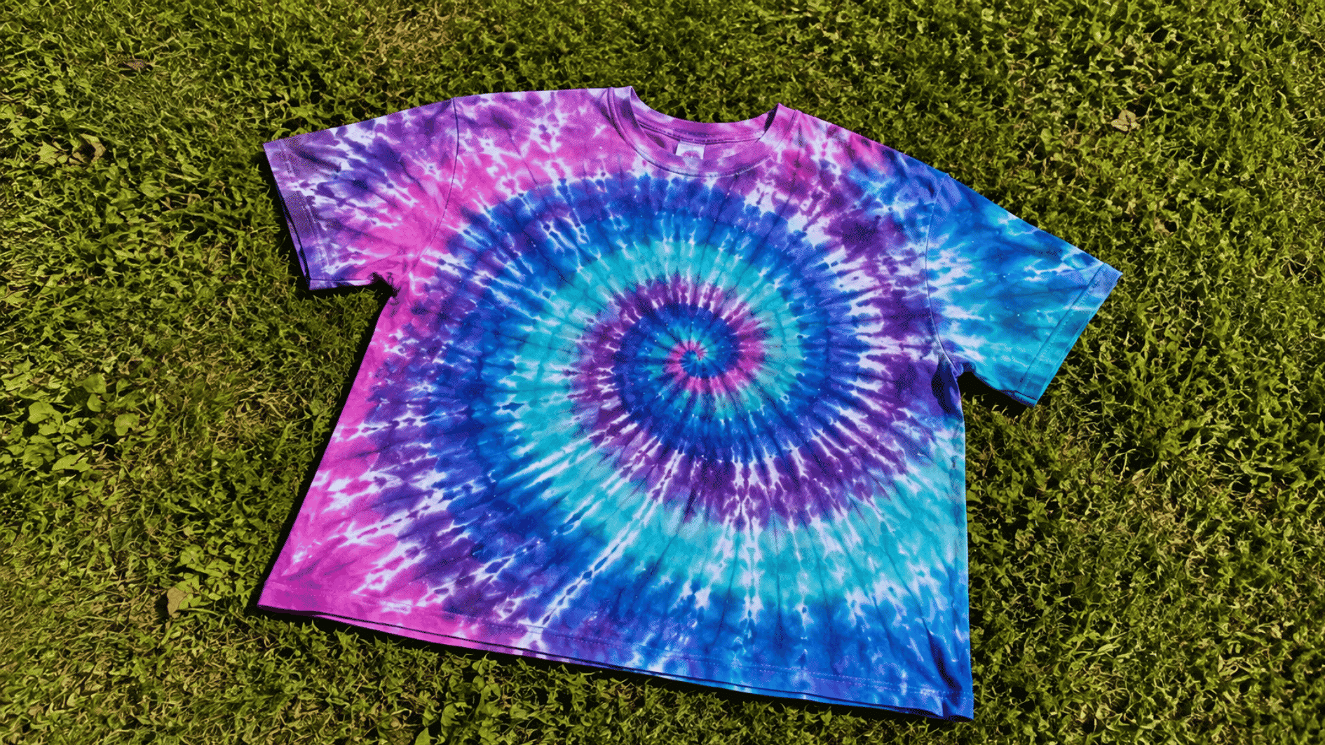 bright spiral tie dye shirt in pink blue purple and teal displayed outdoors on green grass