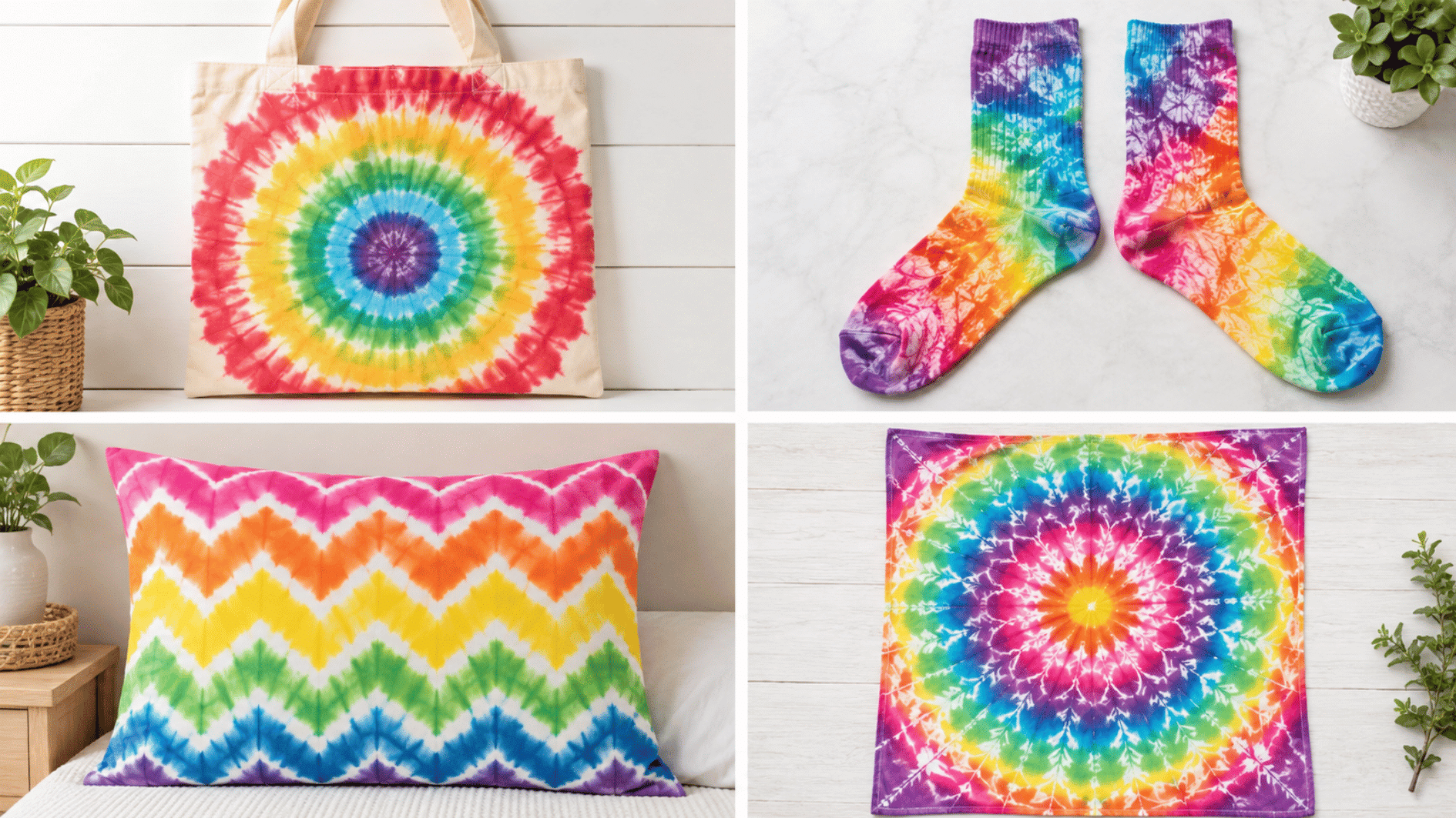 collage of tie dye projects beyond t shirts showing a tote bag socks pillowcase and bandana in bright patterns