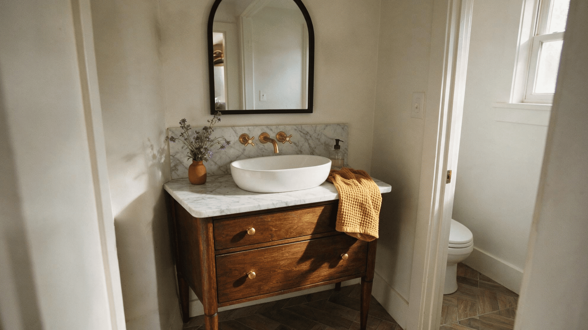 small half bathroom with a furniture-style wood vanity, marble countertop, oval vessel sink, and arched mirror