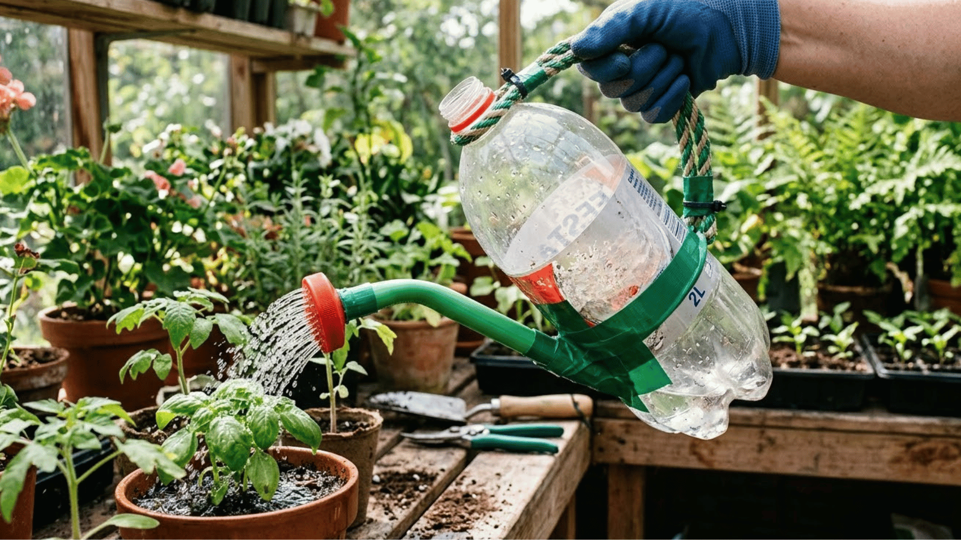 child squeezing painted soda bottle watering can over row of garden seedlings