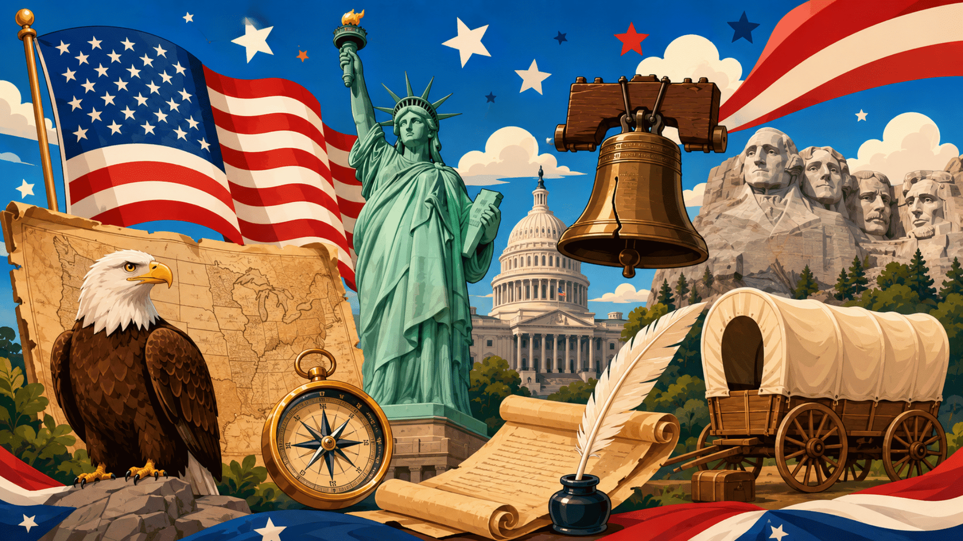 patriotic collage with flag, statue of liberty, liberty bell, eagle and mount rushmore