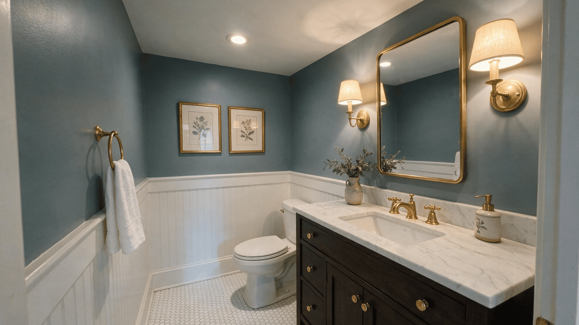 small half bathroom with a monochromatic blue-grey color palette, dark wood vanity, and white wainscoting