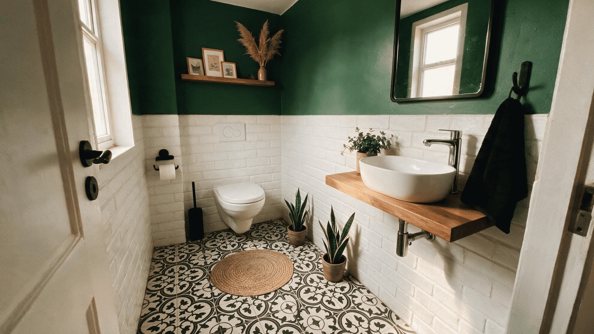 small half bathroom with black-and-white patterned floor tile, white brick wall tile, and a green accent wall