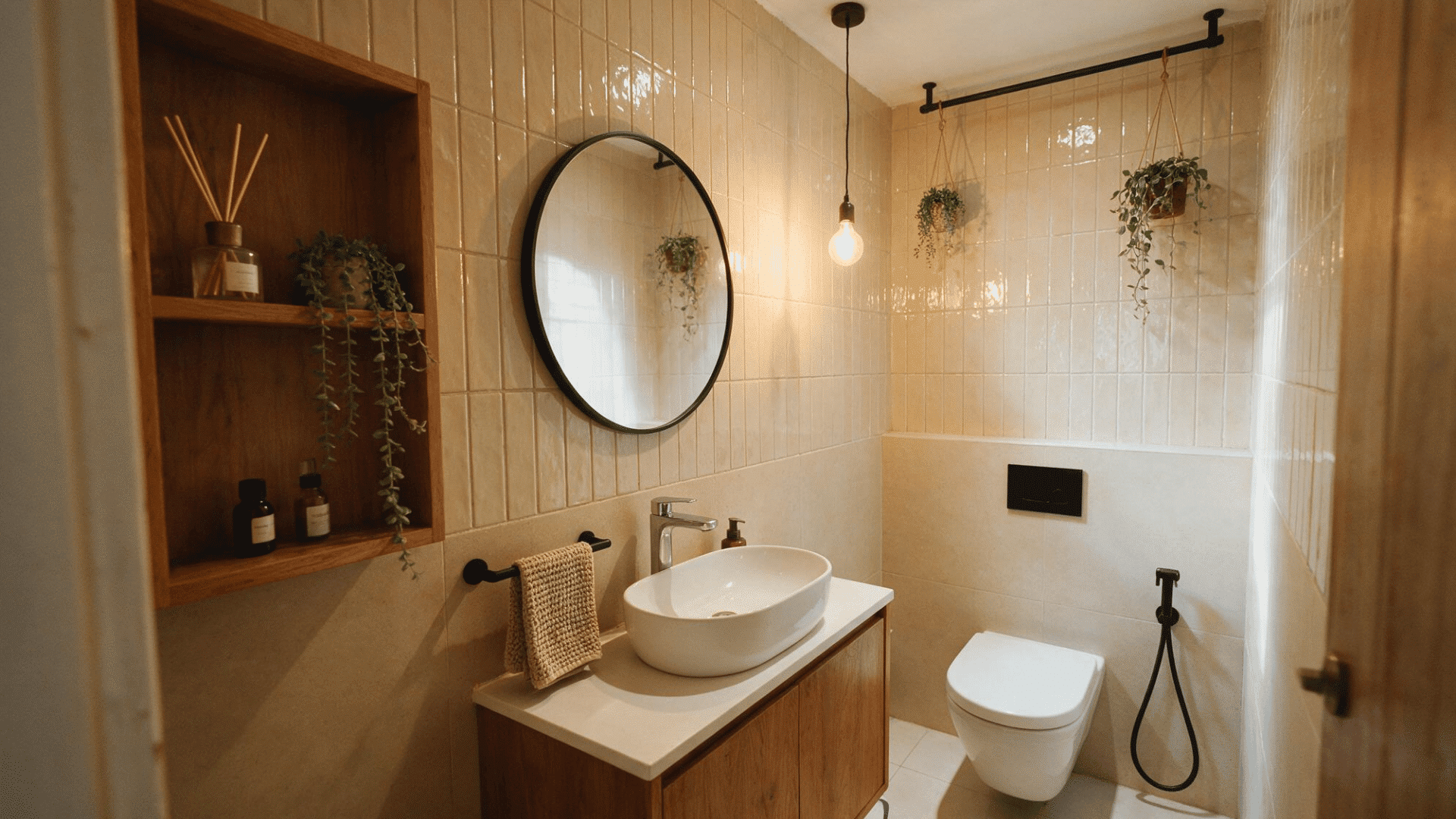 small half bathroom with warm wood shelving, round mirror, stone vessel sink, and glossy vertical tile walls