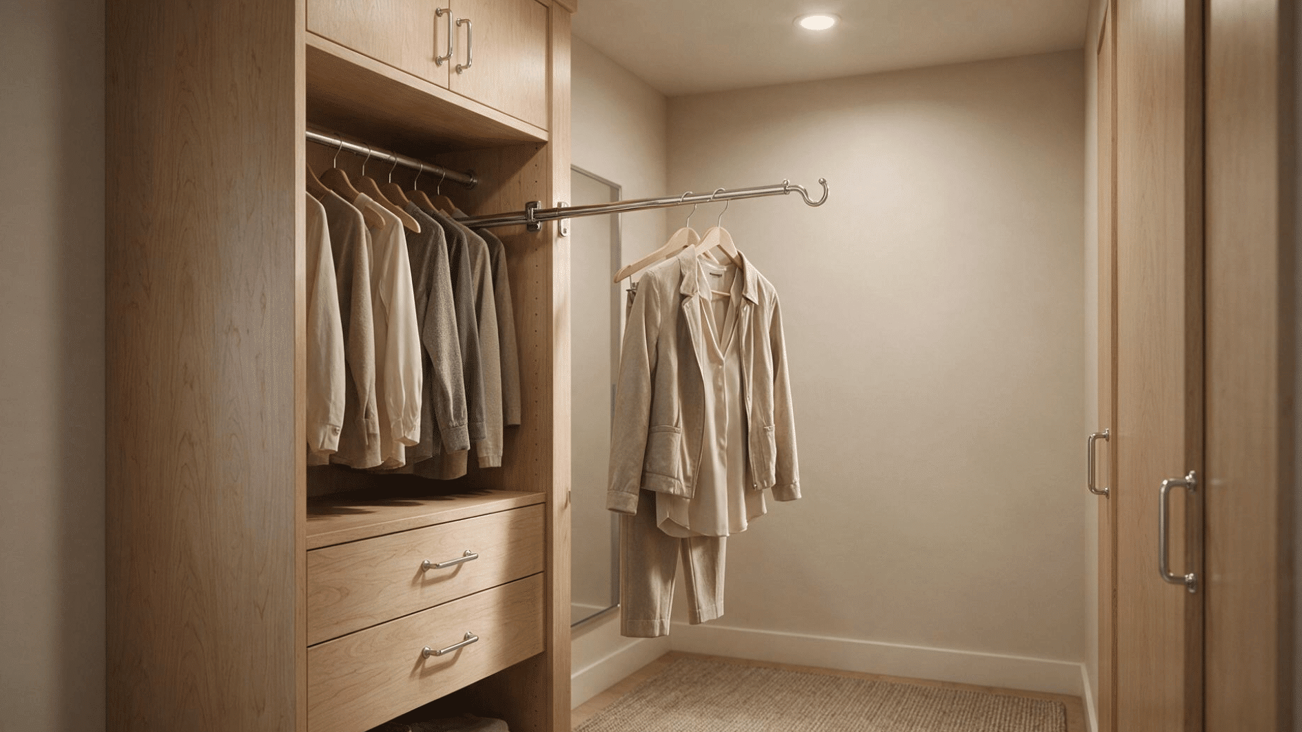 small walk-in closet with a retractable valet rod holding a coordinated outfit
