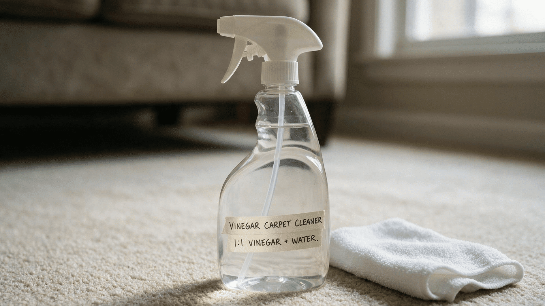 finished vinegar and water carpet cleaner with its household ingredients beside a light carpet