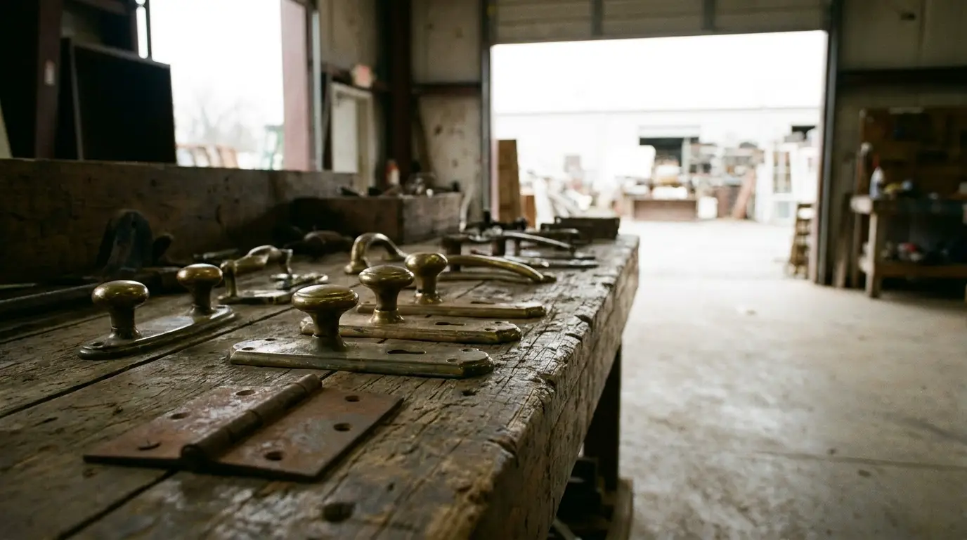 Brass door handles and hardware on wooden workbench in a rustic workshop setting