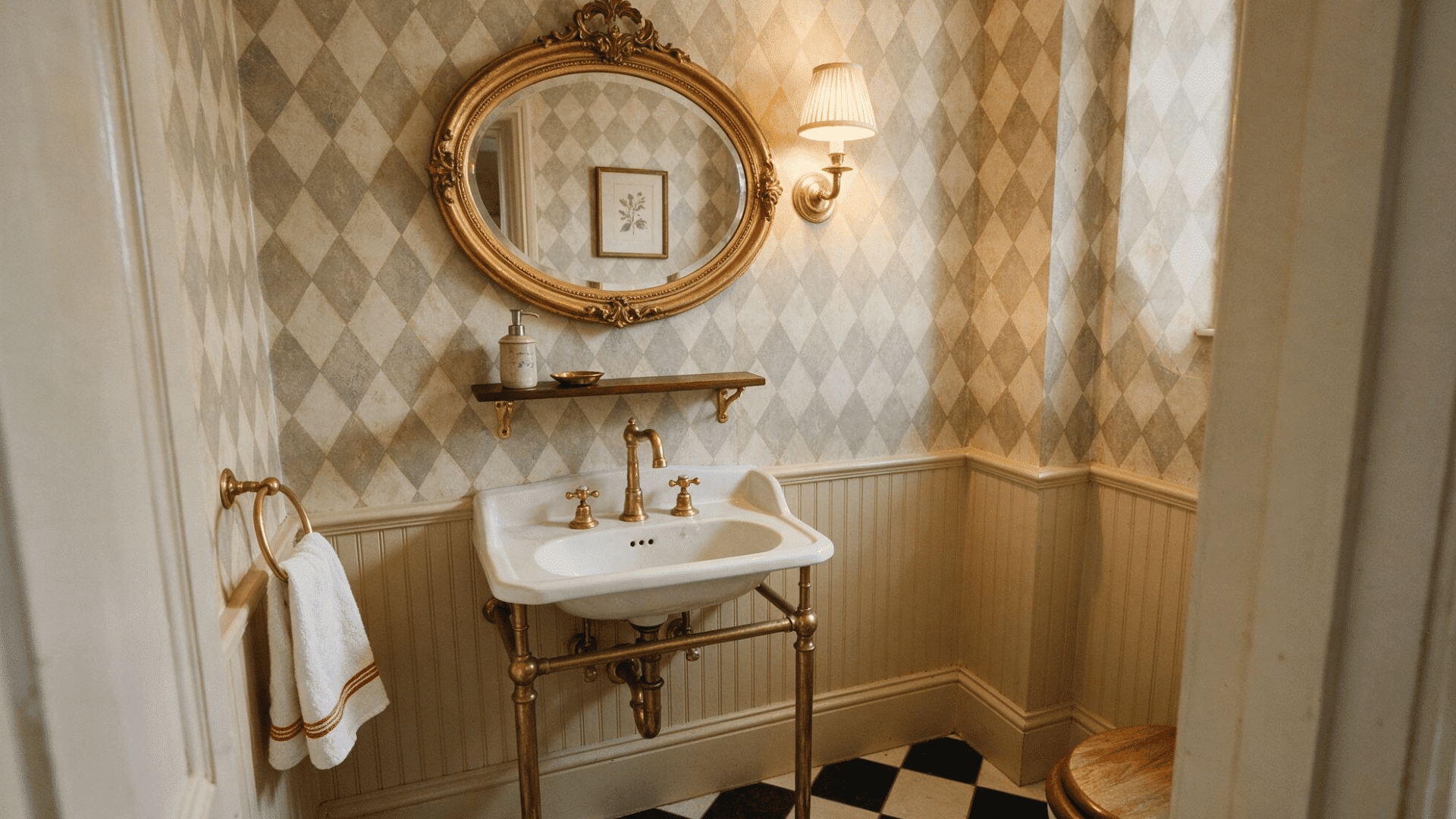 small vintage-style half bathroom with an oval gold-framed mirror, pedestal sink, and patterned wallpaper