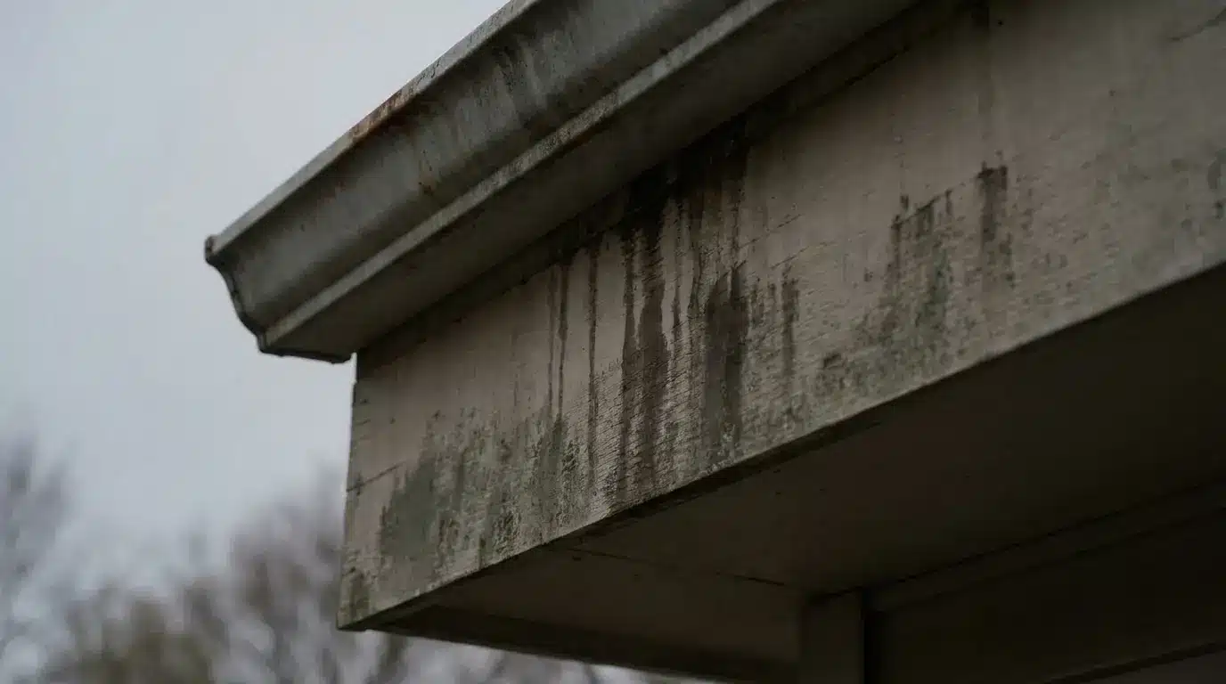 Weathered wooden eaves with visible stains and discoloration under overcast sky