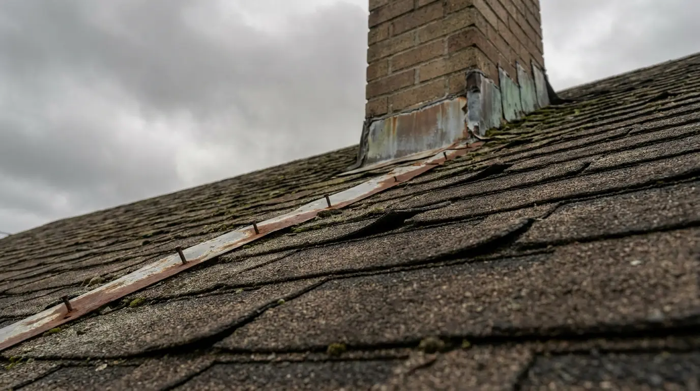 Worn asphalt shingle roof with rusted chimney flashing under cloudy sky