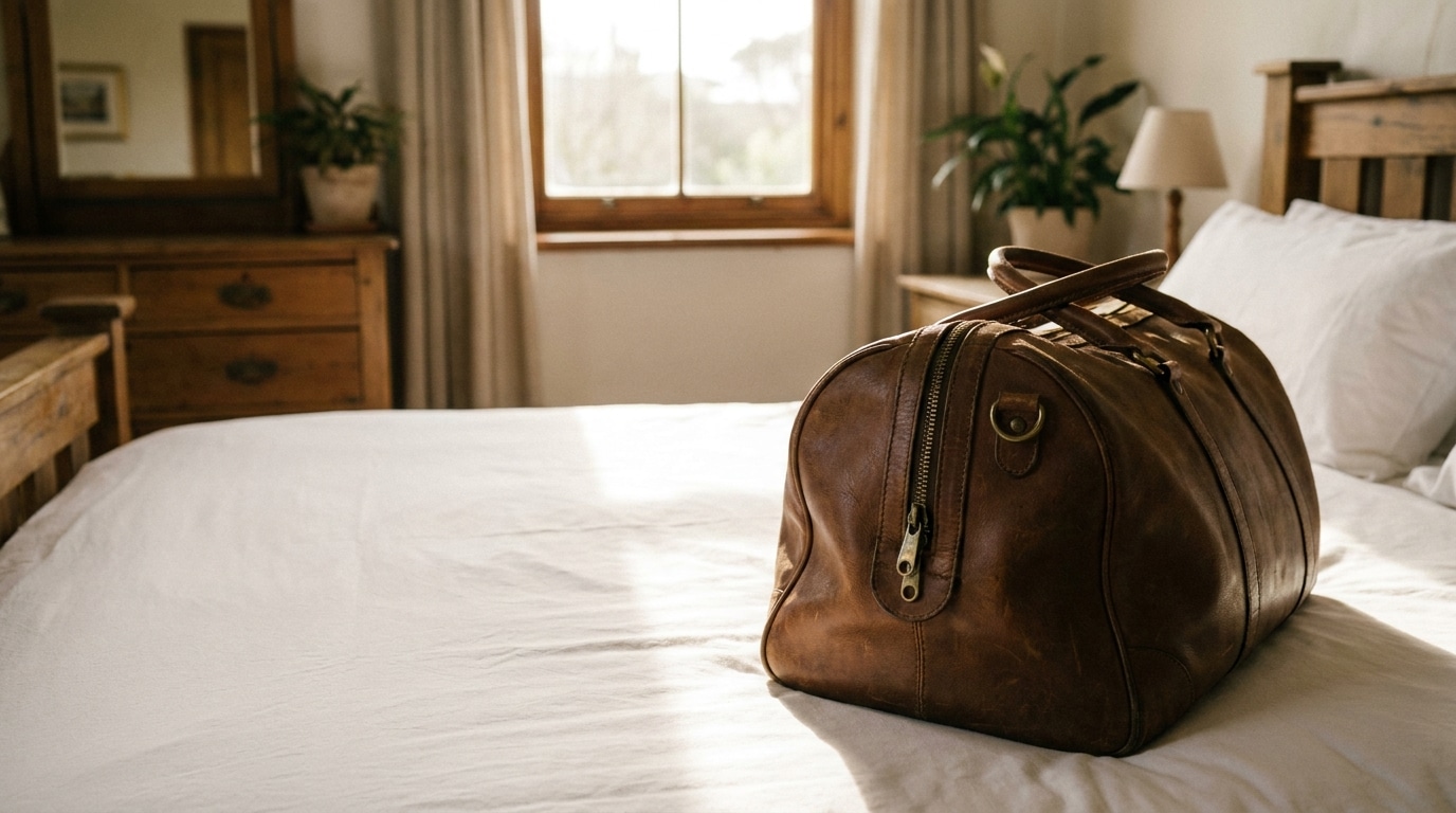 Leather duffel bag on a neatly made bed in a cozy, sunlit bedroom
