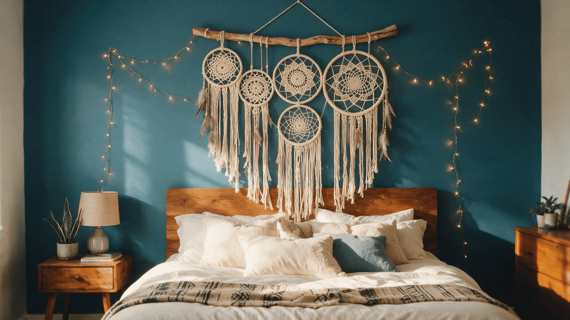 macrame dream catcher wall hanging above a bed in a teal blue boho bedroom with string lights and neutral throw pillows