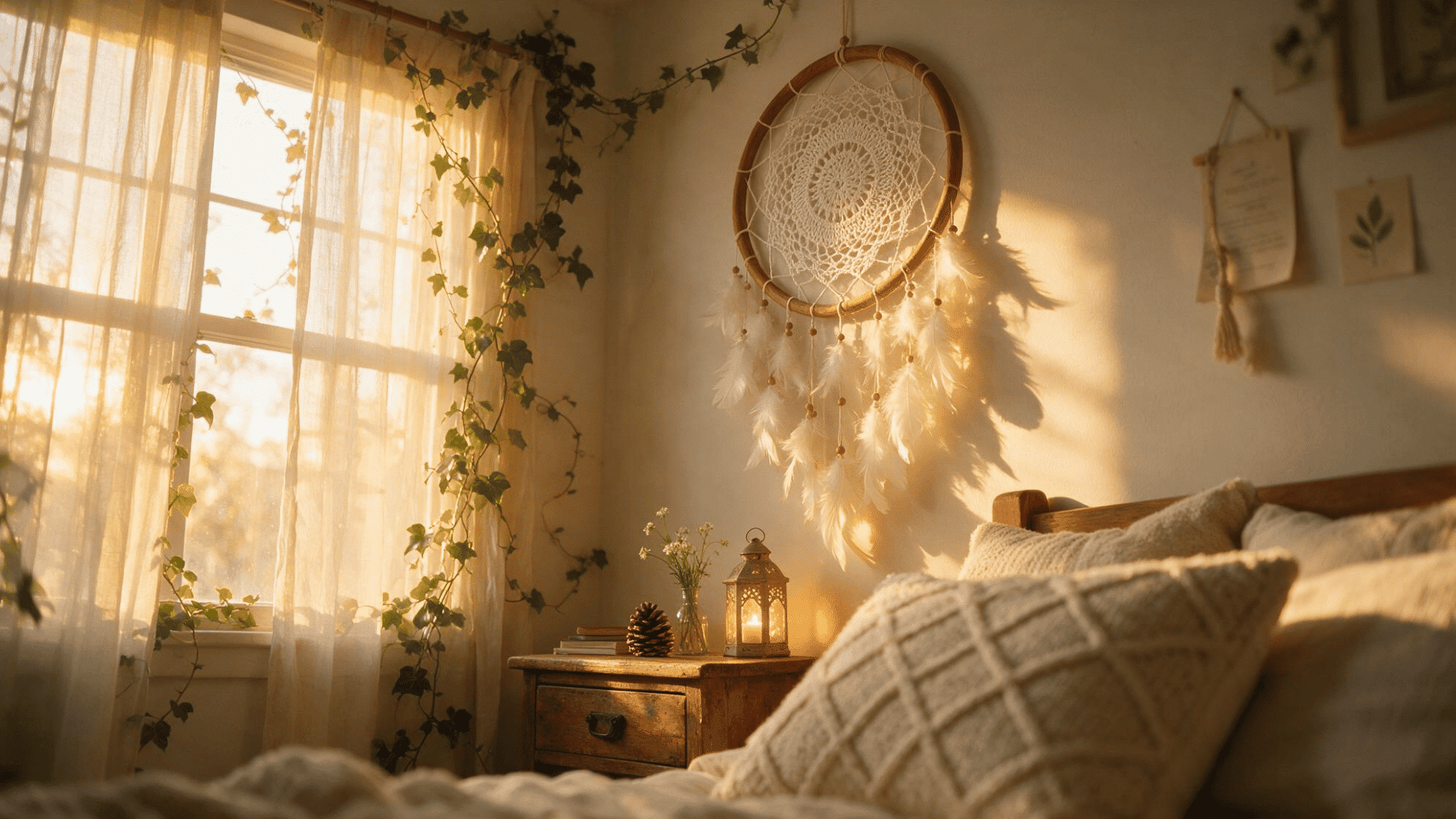 white feather dream catcher hanging above a bohemian bedroom nightstand glowing in warm sunset light