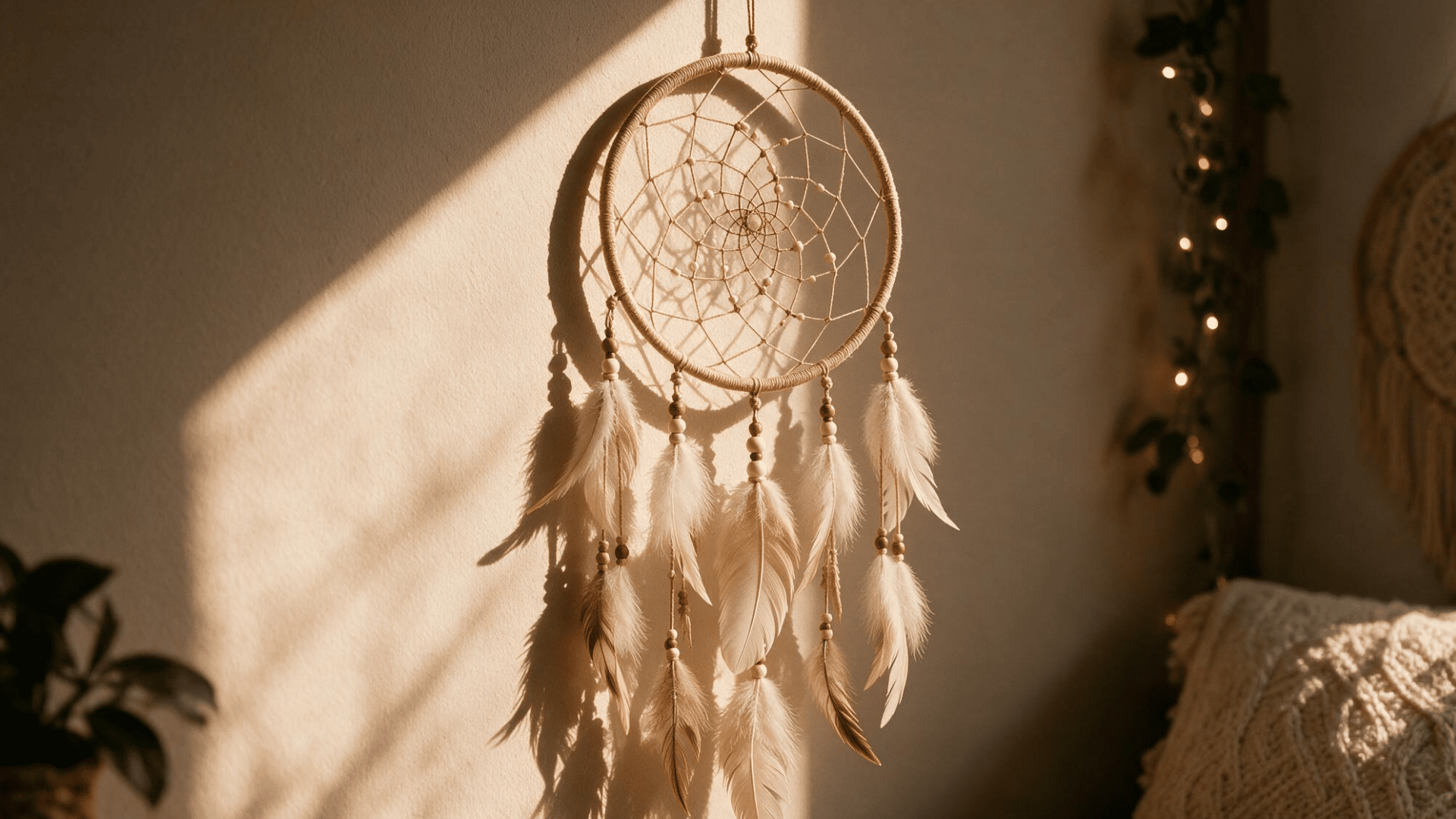 handmade dream catcher with wooden beads and feathers casting a shadow on a wall in warm golden light
