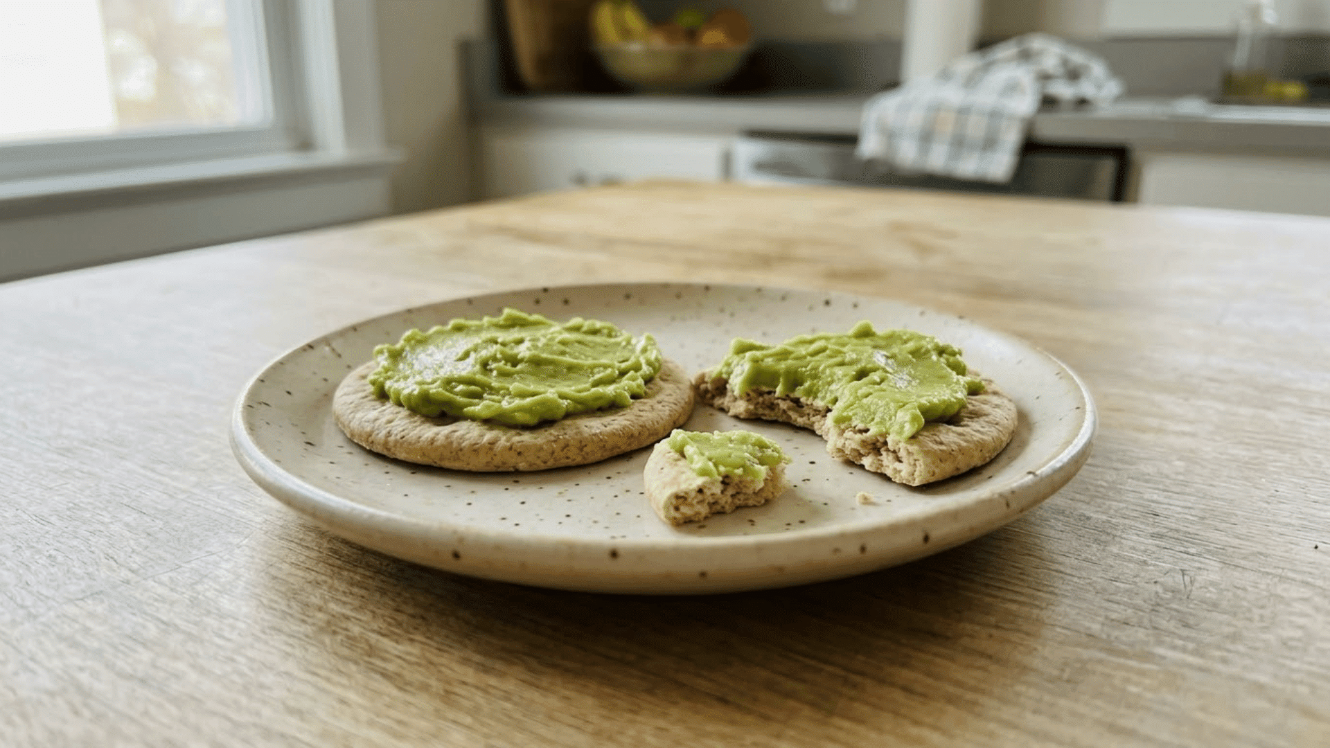 soft whole-grain crackers spread with smoothly mashed avocado