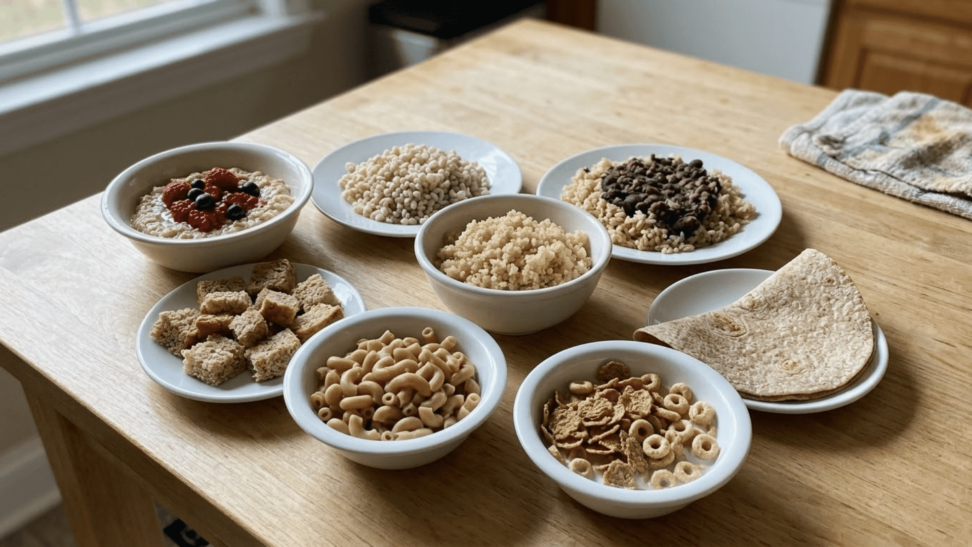 soft whole grains, oatmeal, pasta, bread, and cereal arranged in toddler-sized servings