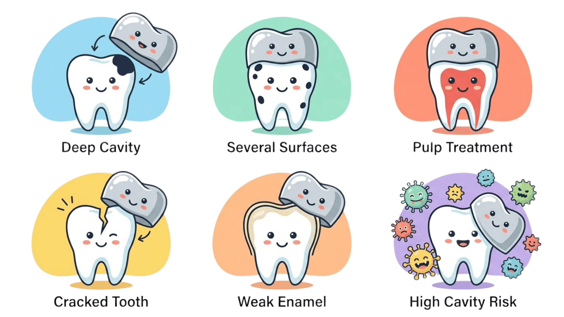 pastel dental infographic showing six conditions that may lead children to need protective silver tooth crowns