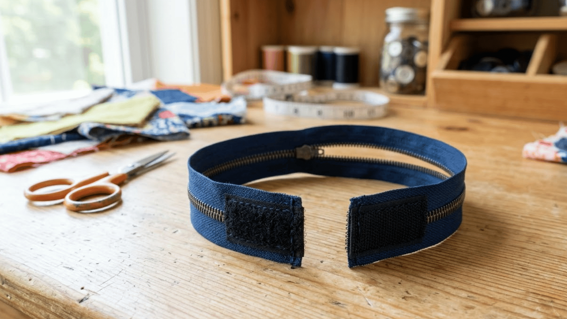 zipper bracelet fidget arranged in an open circle on a light wood craft table beside fabric and scissors tools