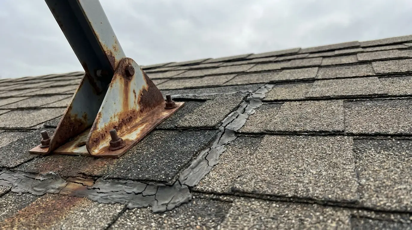 Rusted satellite dish bracket bolted to weathered shingles beside a mismatched patch and cracked sealant