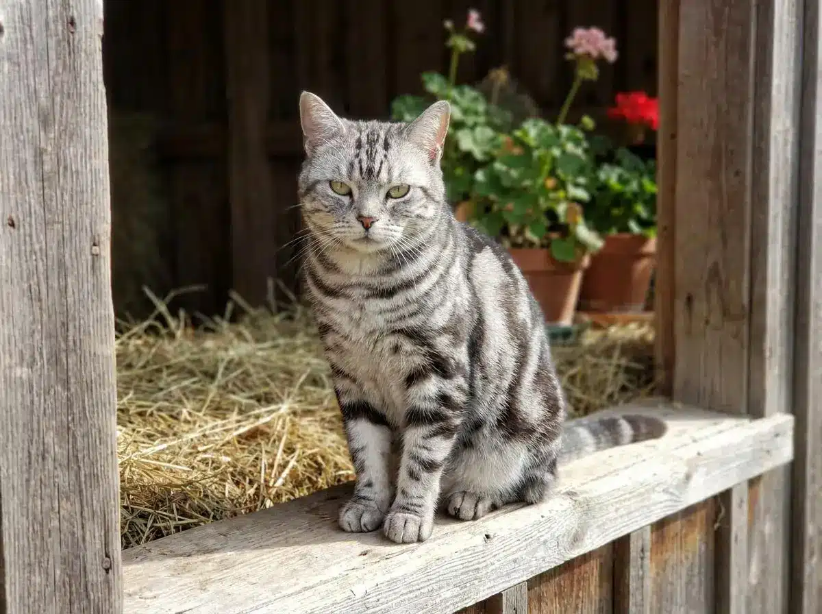 Gray tabby cat sitting on wooden ledge in rustic setting with potted geraniums