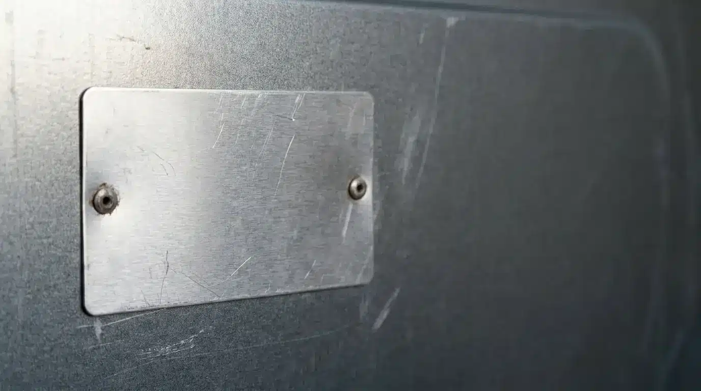 Metal rating plate on the scuffed back panel of a household dryer lit by soft window light