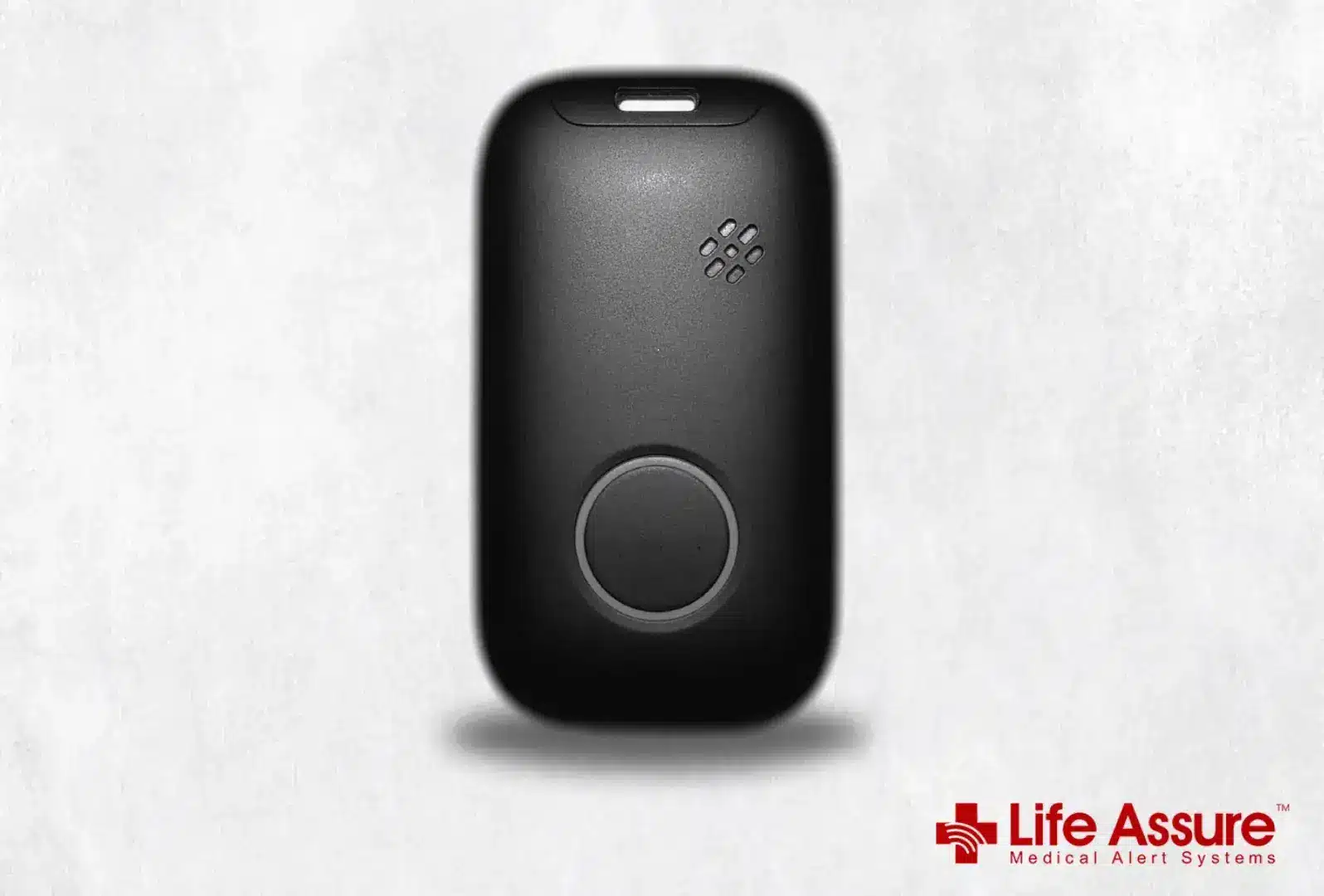 Black portable medical alert device on a light gray background