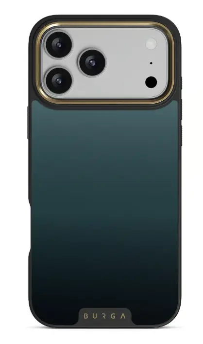 Smartphone with teal gradient case and triple camera setup on white background