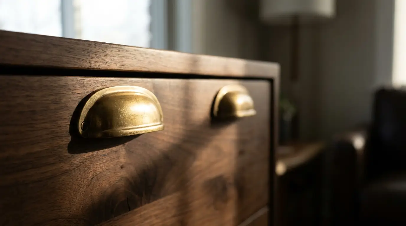 Wooden dresser with brass handles in sunlit living room setting