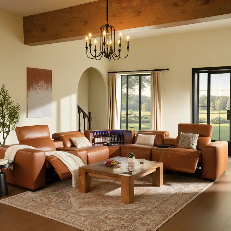 Brown leather sectional sofa in modern living room with wooden coffee table and large window view