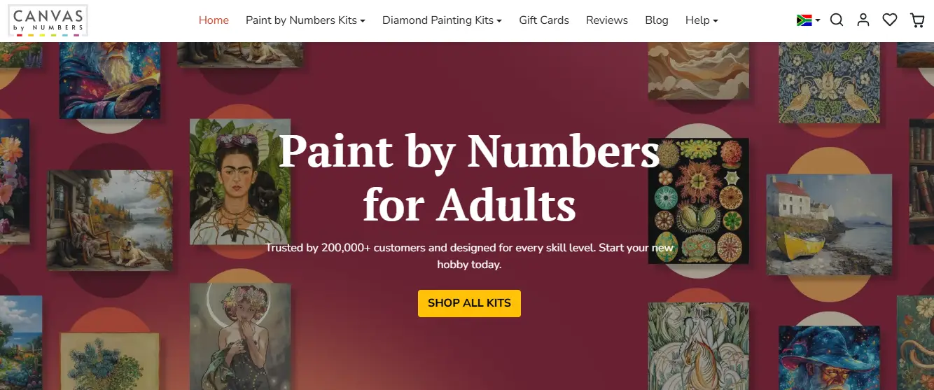 Various paint by numbers artworks on display with maroon background and text overlay