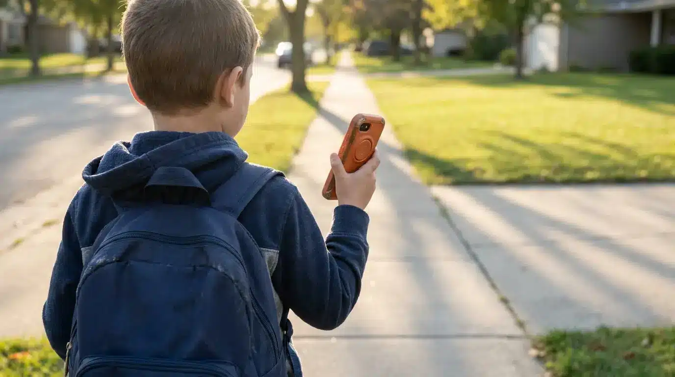 Boy with backpack holding smartphone walking on sunny suburban sidewalk