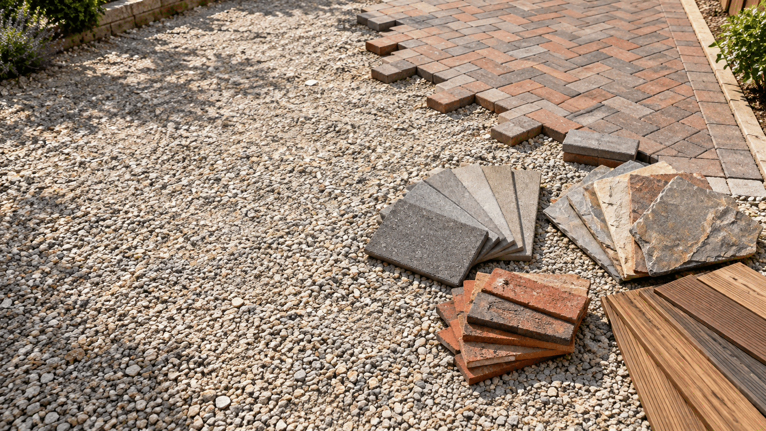 Paving stones and wooden planks on gravel next to partially laid brick pathway