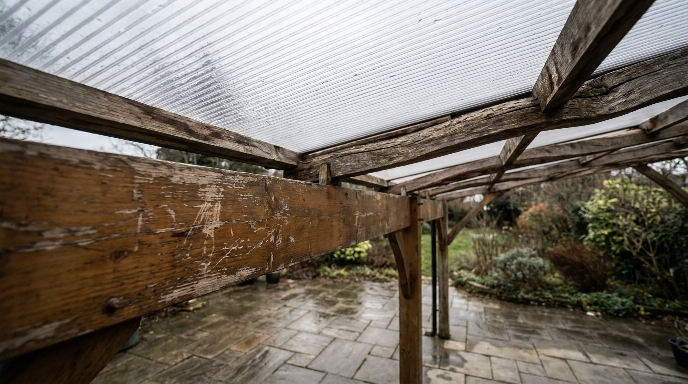 Weathered wooden pergola with clear corrugated roof in a stone patio garden setting