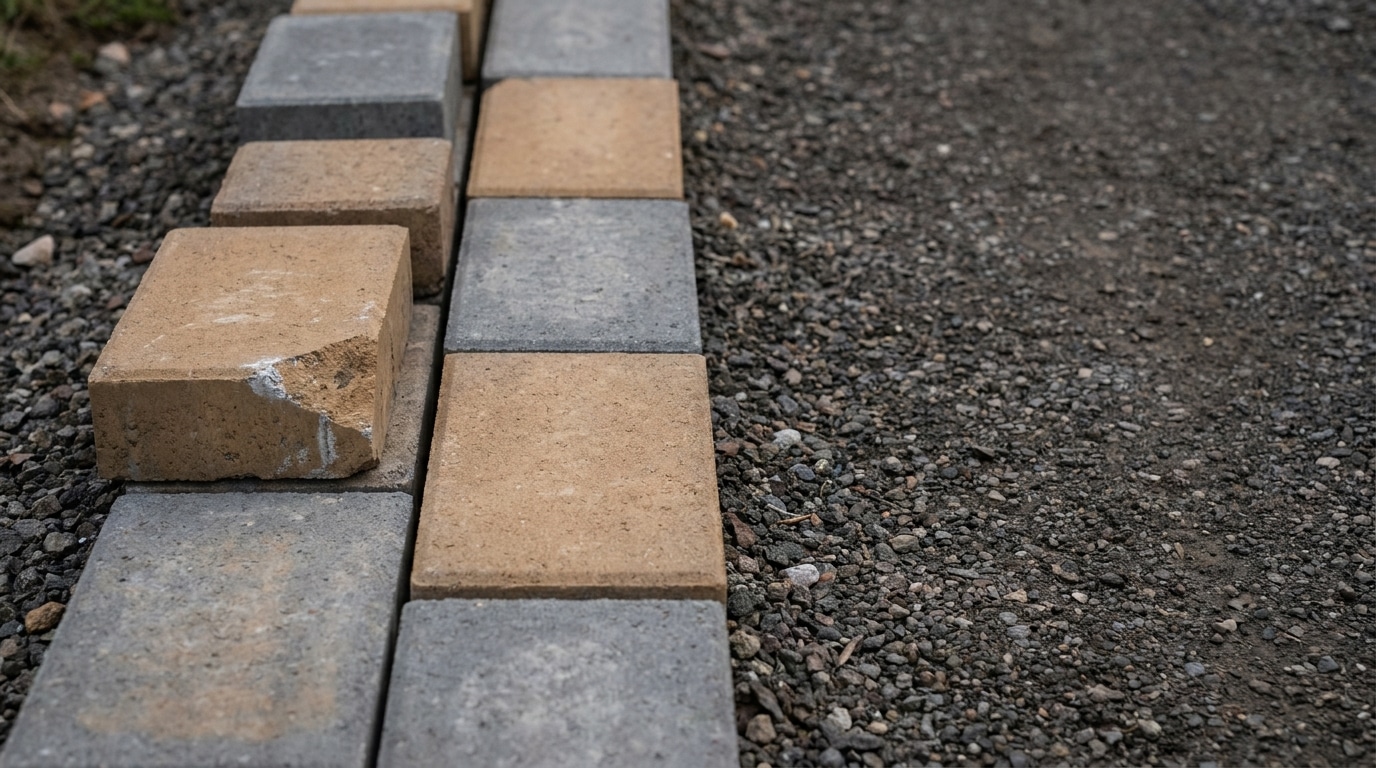 Concrete and stone pavers forming a pathway on gravel surface in outdoor setting