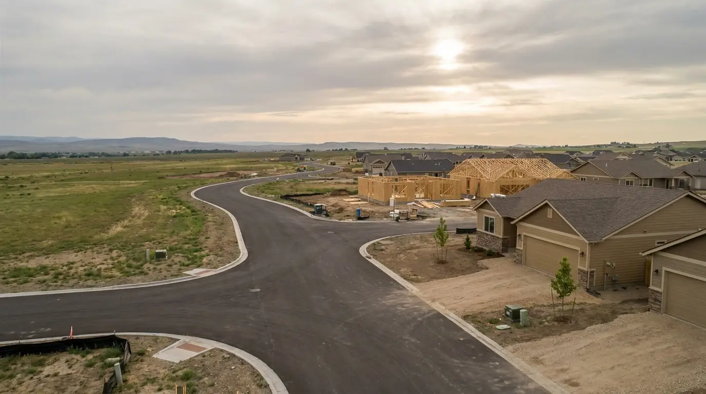 New residential construction site with wooden frames under cloudy sky in suburban neighborhood