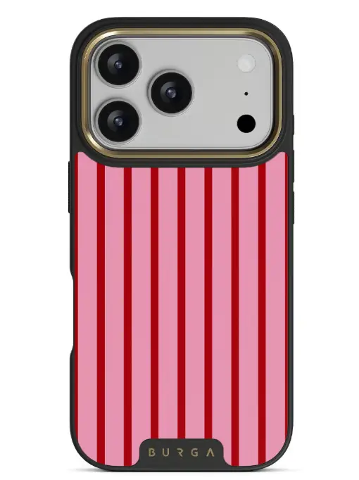 Pink and red striped phone case with triple-lens camera on white background