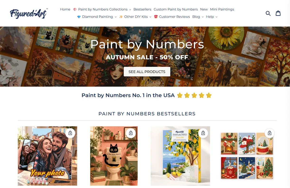 Various paint by numbers kits displayed with vibrant paintings and product boxes in an online store setting