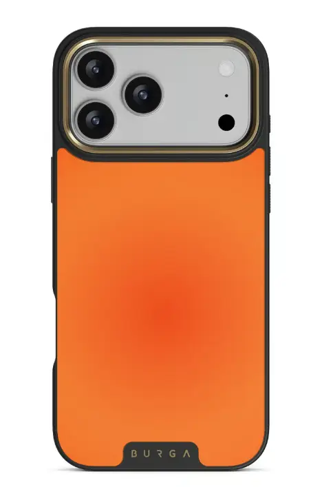 Smartphone with orange back cover featuring triple camera setup on white background